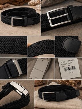 Reveur Homme Black Stretch Woven Belt Size 46 NWT Minimalist